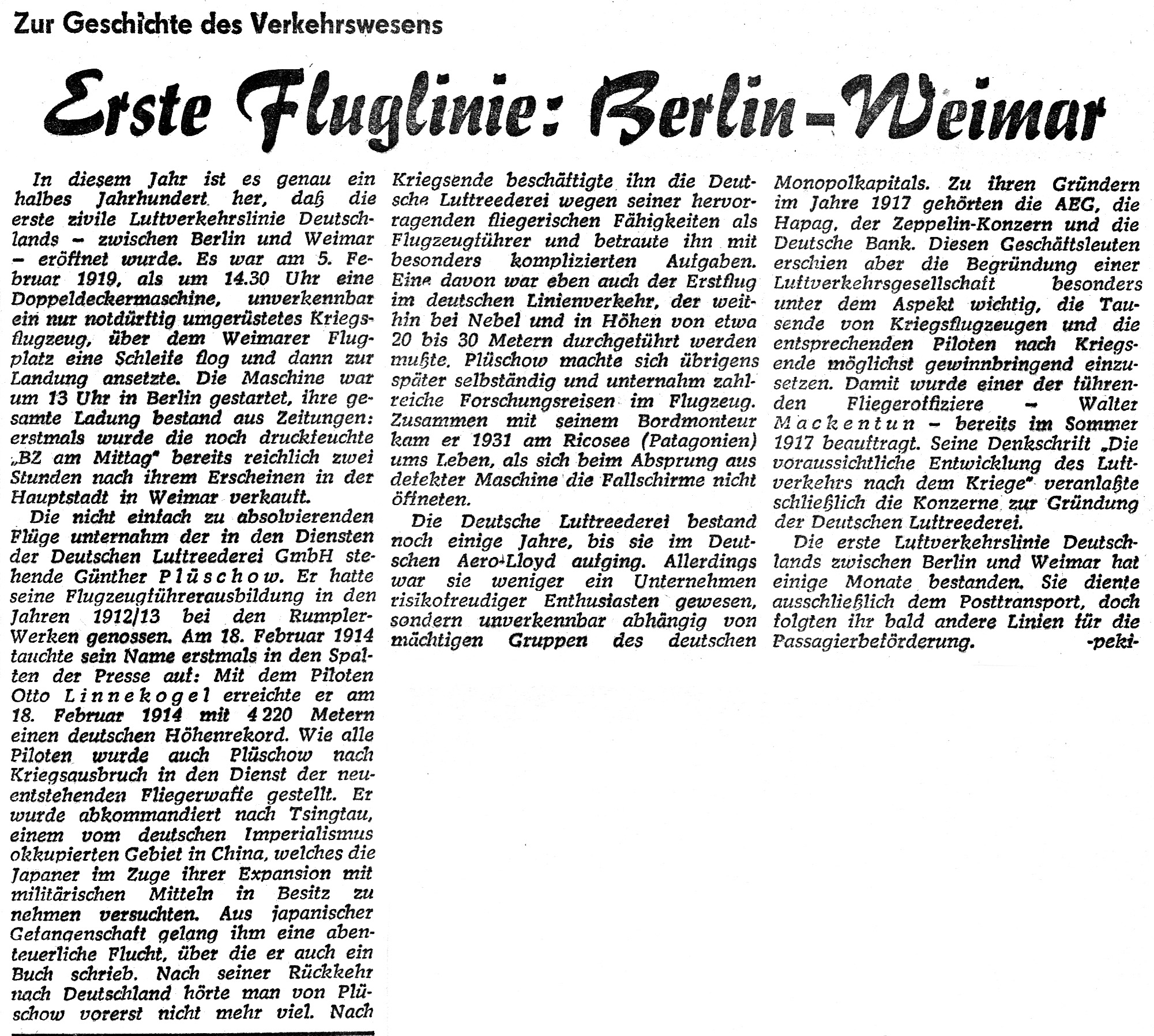 Erste Fluglinie: Berlin-Weimar